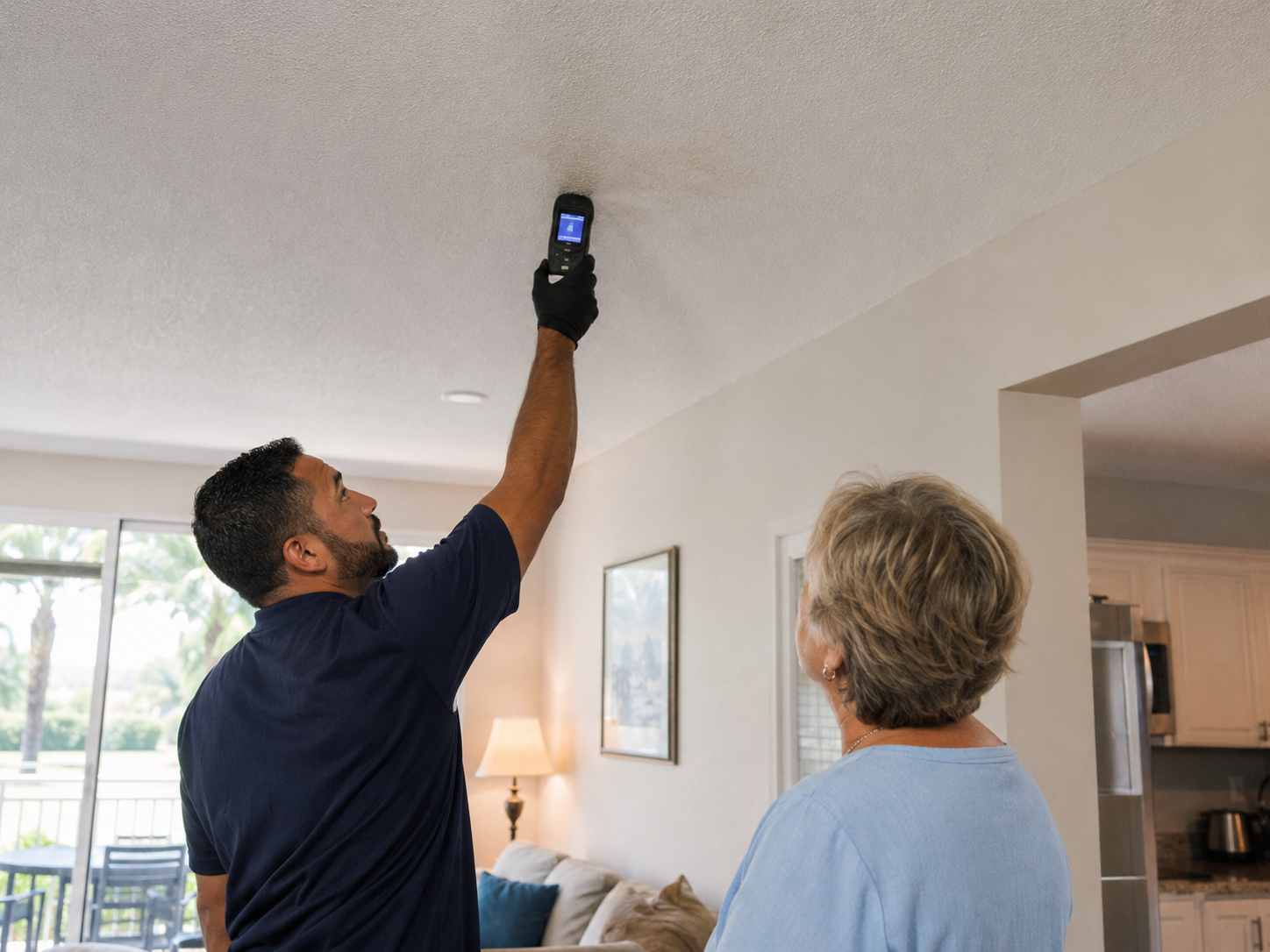 Plumber inspecting a ceiling stain inside a Pembroke Pines condominium